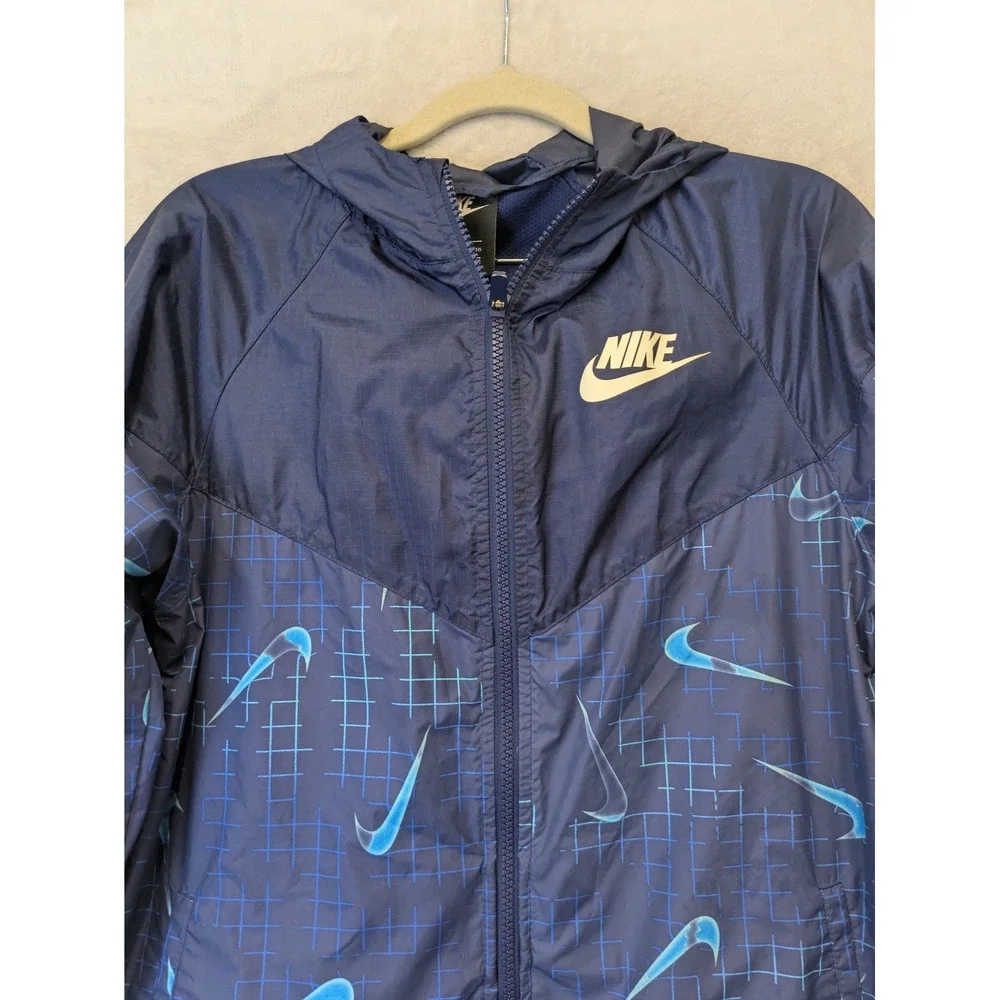 Nike Kid's Size XL Hooded Windbreaker Jacket Navy Blue‎ Swoosh Print